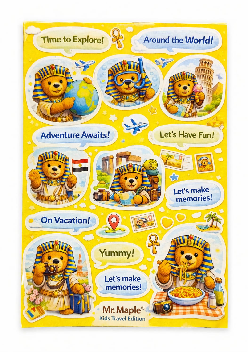 Children's travel-themed sticker book with various stickers and unique Egyptian toy teddy bear